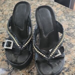 Women's Black Embellished Wedge Sandals